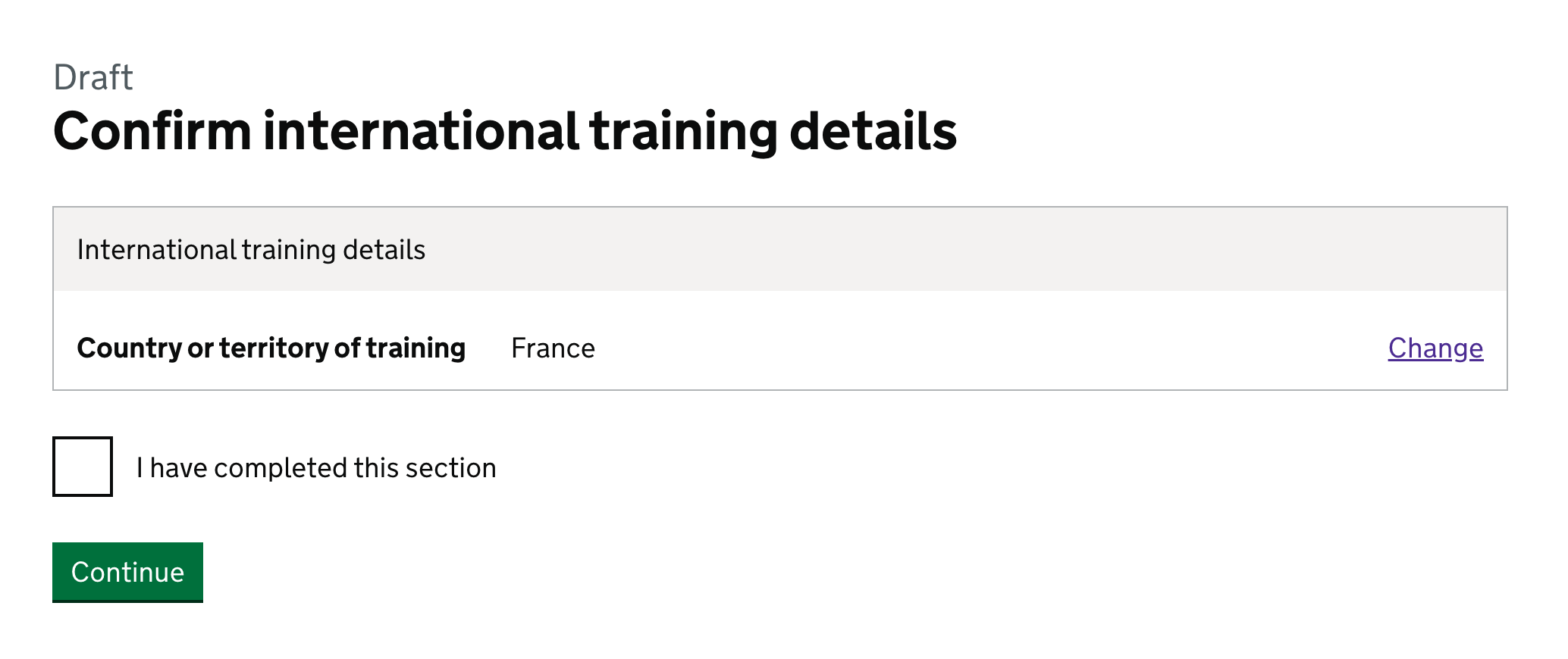Screenshot of International training details confirmation page